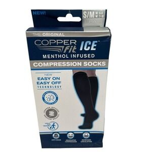 Copper Fit Ice Sz S/M Compression Socks 1 Pair Black Menthol Infused Travel New